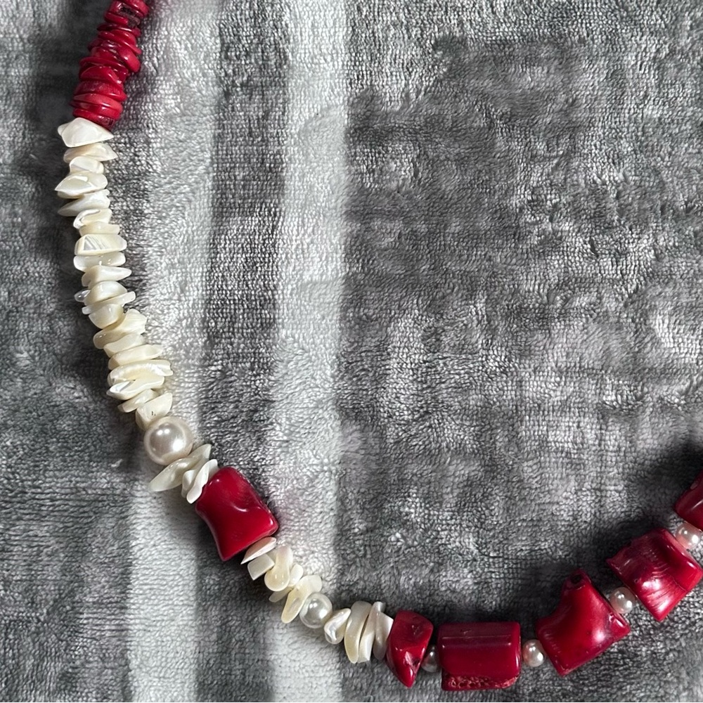 Chucky Statement Necklace 26” Long Red Coral Shells Pearls Magnetic Clasp - Picture 14 of 15